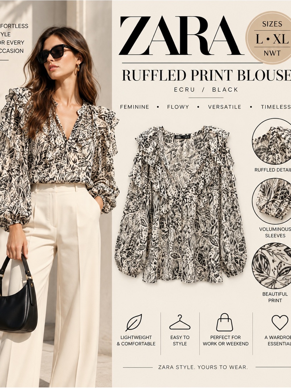 Zara Ecru Black Ruffled Print Blouse Size L XL NWT Floral Flowy Top
